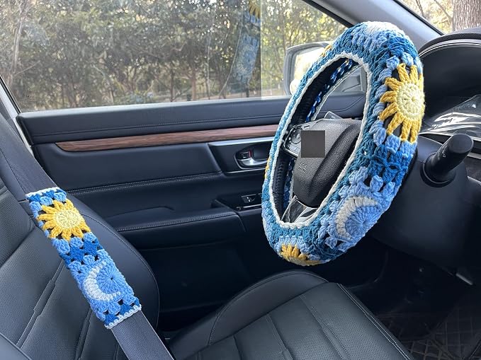 Handmade Crochet Sun and Moon Car Steering Wheel Covers Universal 14-15 inch for Women and Men (Steering Wheel Cover+2 Belt Cover)