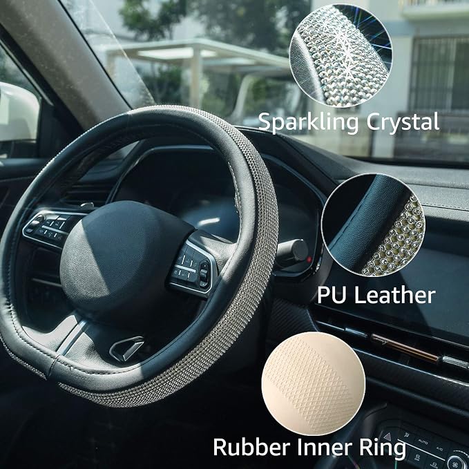 D Sharp Diamond Leather Steering Wheel Cover with Bling Bling Crystal Rhinestones, Universal Fit 15 Inch Car Wheel Protector for Women Girls,Black