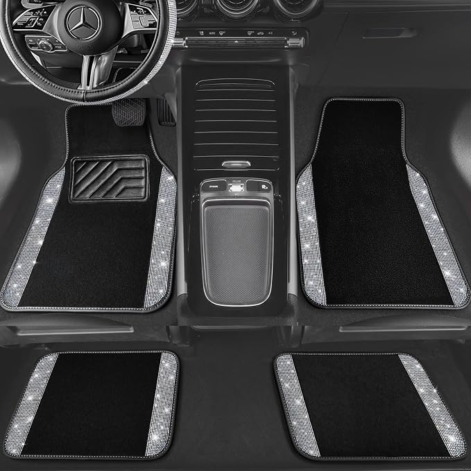Bling Diamond Leather Steering Wheel Cover 14.5in-15in Floor Mats Shining Rhinestone Carpet Sparkly Glitter Crystal Anti-Slip Pad Fit Automotive SUV Pickup Truck Girl Women, 5pcs Black Sliver