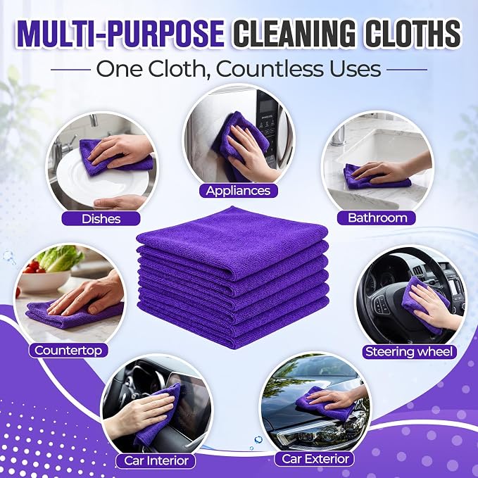 Microfiber Cleaning Cloths for Cars Ultra Absorbent Car Towels Drying Reusable Cleaning Supplies House Kitchen Window Microfiber Towel (12 x 12 Inch, Purple, 60 Pcs)