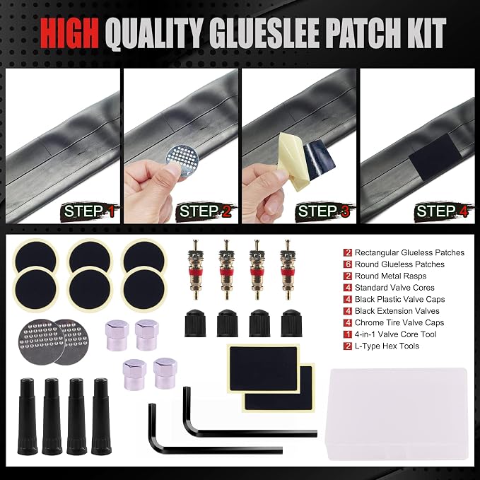 108-Piece Heavy Duty Tire Repair Kit – Professional Flat Tire Plug Set with T-Handle Tools, 4-Way Valve Tool, Pliers, Storage Case