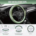Steering Wheel Cover, Green Patterned Leather Patchwork Design, Universal Fit 14.5"–15.5", Anti-Slip, Odor-Free, Soft PU Grain Leather, Durable Grip Car Accessory for Girls & Women