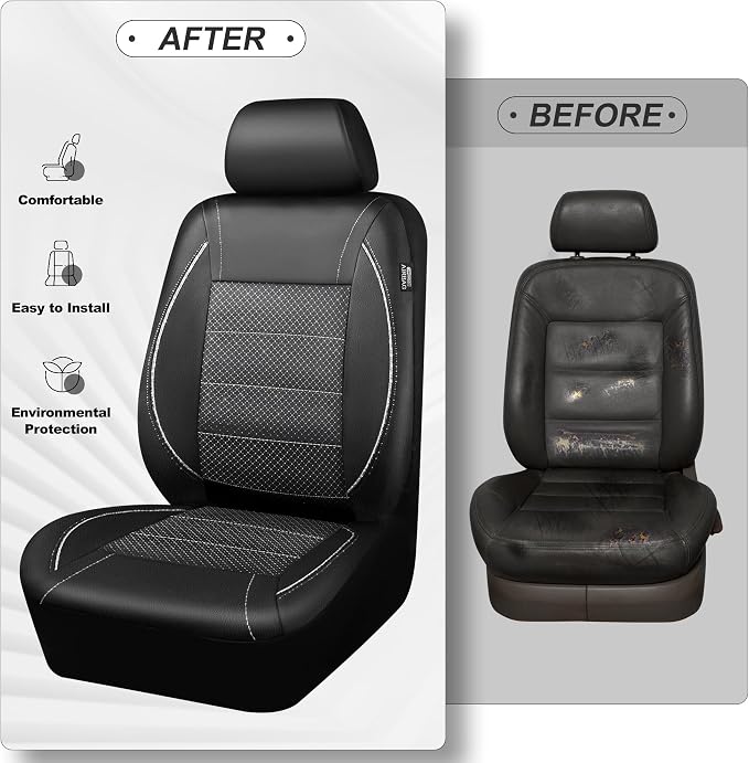 Piping PU Leather Car Seat Cover Full Set, Inside Zipper Design and Reserved Opening Holes, Airbag Compatible,Universal FIT for Car, SUVs,Van,Trucks（Full Set, Black & Silver