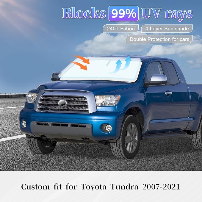 for Toyota Tundra 2007-2021 Sun Shade Windshield Sunshade Cover | 4-Layer Front Window Shade, Custom Fit Tundra Truck 240T Sun Visor Blocks UV Rays Car Accessories