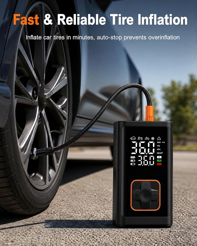 Tire Inflator Portable Air Compressor: 150PSI Cordless Air Pump with 4000mAh Battery, Digital Gauge Auto-Shutoff for Car Tires, Bike, Motorcycle, Balls, Pool Floats & Inflatables