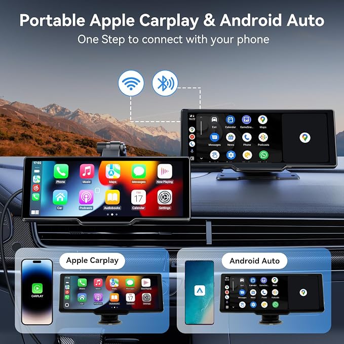 Portable Carplay Screen for Car, 10" Wireless Carplay Car Stereo & Android Auto, OTA Updates, Car Play Touchscreen with 1080P Backup Camera,GPS Navigation,Voice Control,5.0 Bluetooth (10inch)
