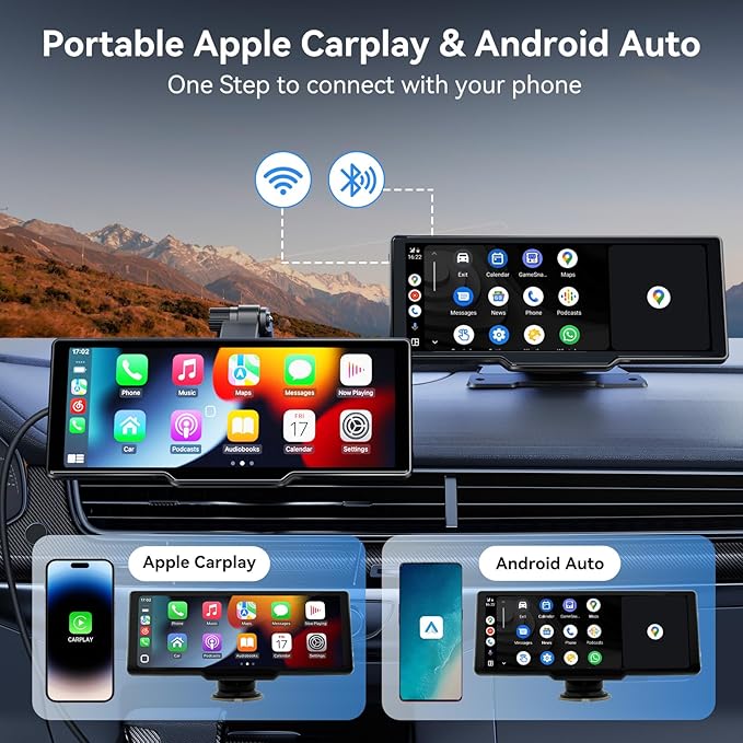 Portable Carplay Screen for Car, 10.26" Wireless Carplay Car Stereo & Android Auto, OTA Updates, Car Play Touchscreen with 1080P Backup Camera,GPS Navigation,Voice Control,5.0 Bluetooth (10.26inch)