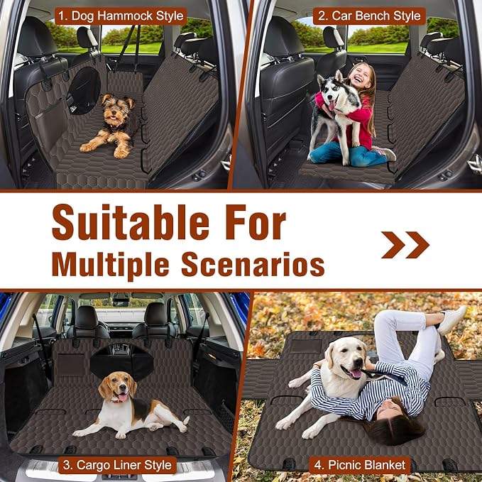 Waterproof Dog Car Seat Cover for Back Seat, Pet Hammock- S, Brown/Black | Durable waterproof hammock with nonslip design & storage pockets. Protects seats from scratches, fits cars, SUVs & trucks.