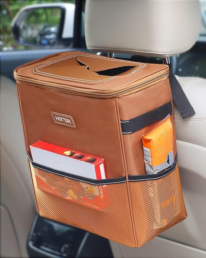 Brown Car Trash Can with Adjustable Strap, Magnetic Snaps, Waterproof Lining, and Storage Pocket