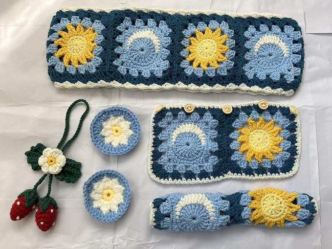 Handmade Crochet Sun and Moon Car Steering Wheel Covers Universal 14-15 inch for Women and Men (Wheel Covers+2belt Covers+2Car Coasters+Strawberry)