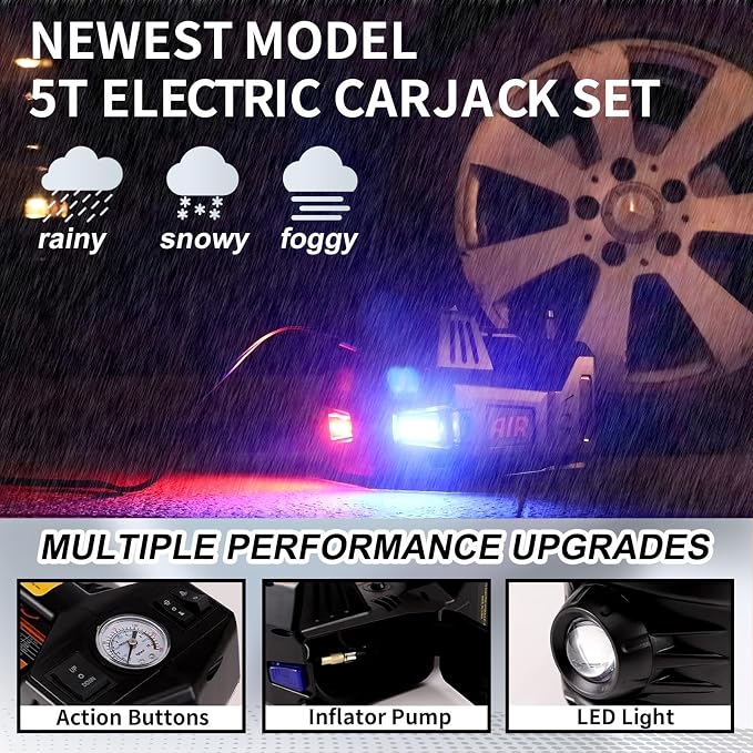 Electric Hydraulic Car Jack Kit 5 Ton 12V Portable Lift Range 17.7 Inch with Tire Inflator Pump for SUV Sedan Truck Car Repair Floor Jack for Vehicle Tire Change with LED Light Jack Only