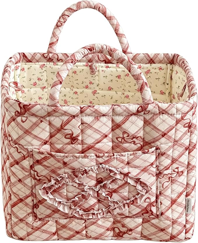 Floral Fabric Storage Basket Car Interior Storage Basket Underwear Sundries Laundry Baskets Supplies Home Organizer Bag (red bow)