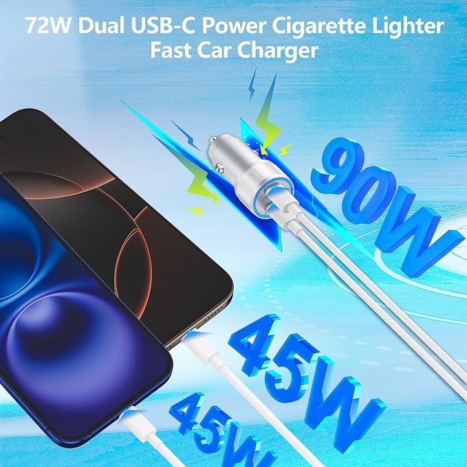 [Apple MFi Certified] iPhone 17 Car Charger Fast Charging, 90W Dual PD Power Cigarette Lighter USB-C Car Charger with 2Pack Type-C Cord for iPhone 17/17 Pro Max/16 Pro/15/Galaxy S26/S25/Pixel