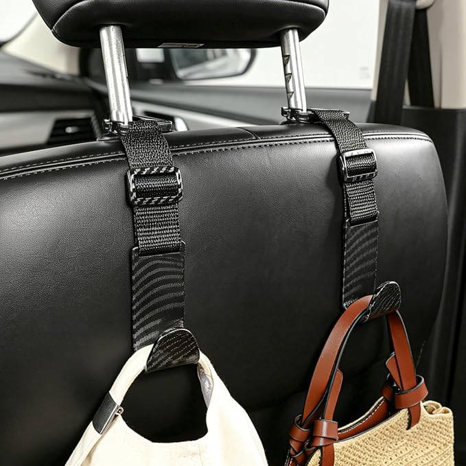 Headrest Hooks for Car Adjustable 4 Pack Vehicle Seat Back Organizer Storage Hanger Holder for Purse Bags Universal Fit with Clip Black Carbon Fiber