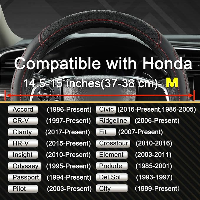 Customized Auto Car Steering Wheel Cover for Honda Accord Civic CR-V HR-V Pilot Fit Passport Odyssey 14.5-15inch(Black+Red Line-Standard Size)