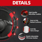 6 Pcs Red Car Accessories Set, Sport Leather Steering Wheel Cover 14.5-15inch Universal, Microfiber Leather Car Center Console Cover, Seat Belt Cushion, Cup Holder Coaster (Black-Red)