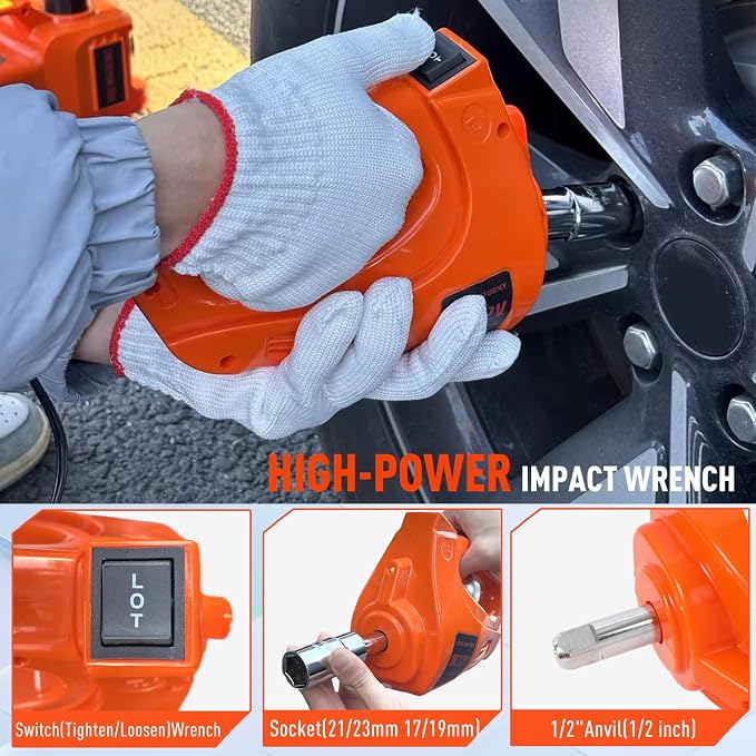 Electric Hydraulic Car Jack Kit with Impact Wrench and Tire Inflator Pump, 5 Ton 12V Hydraulic Jack for SUV Sedans Tire Change with LED Light