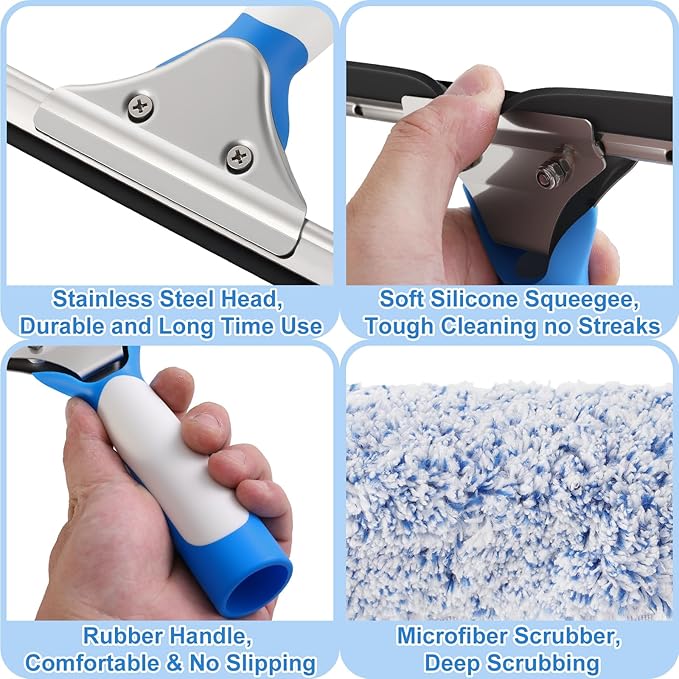 77'' Professional Squeegee Window Cleaner Tool with Extension Pole, Car Windshield Cleaning Kit with Long Handle, Window Washing Equipment for Indoor Outdoor Windows & Car Glass