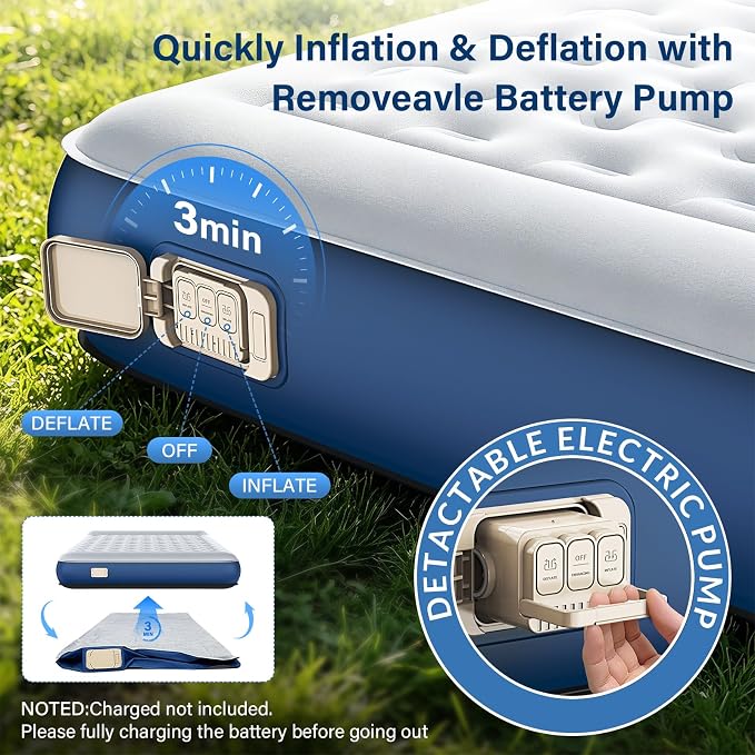 Queen Air Mattress with Cordless Battery Pump,TPU Blow up Mattress for Camping, Self Inflatable Mattress All Night Stability No Bad Smell, Air Bed for Tent Camping, Home, Guests, Car Travel