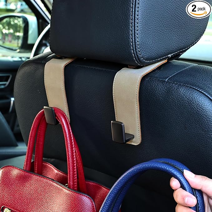 Car Seat Back Hook Universal Auto Storage Hanger Suede with Metal Car Seat Organizer for Handbag Purse Coat Umbrellas Grocery Bags 2 Pack Beige