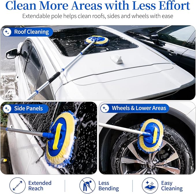 Car Wash Brush with Long Handle - 62" Car Wash Kit with Chenille Microfiber Cleaning Brush, Car Washing Mop with 3 Replacement Mitts, Scratch-Free Scrub Washer Wand for Vehicles, RV, Truck Blue