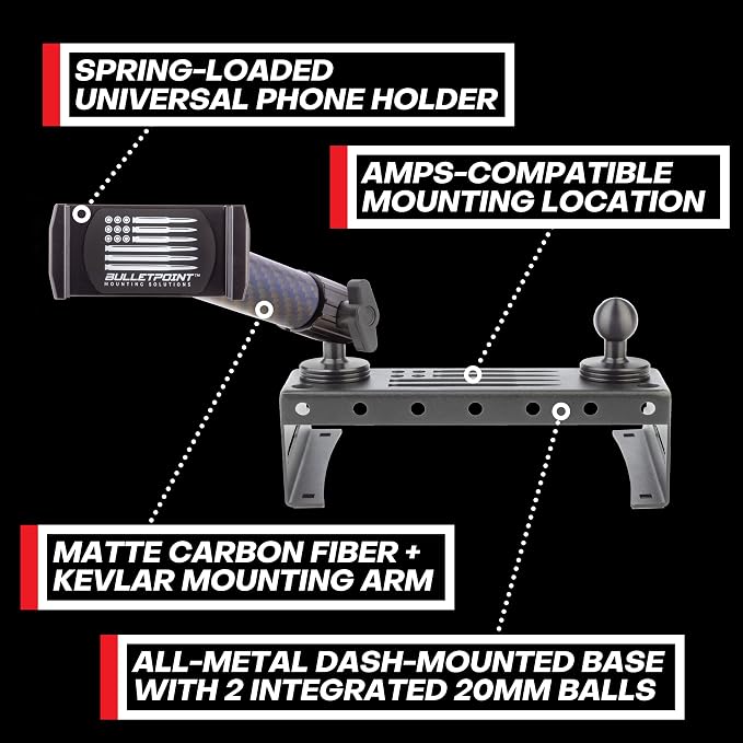 Bulletpoint Metal Dash Mount Phone Holder Compatible with 2015-2020 Ford F150 & 2017-2022 F250/F350 Super Duty - Dual 20mm Ball Dash F150 Phone Mount (Spring-Loaded)