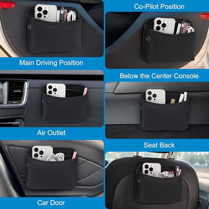 Car Seat Side Pocket Organizer, PU Leather Pouch Bag for Car Seat, Door, Window, Console, Registration Wallet Cards Trash Phone Sunglasses Holder Pocket for Auto