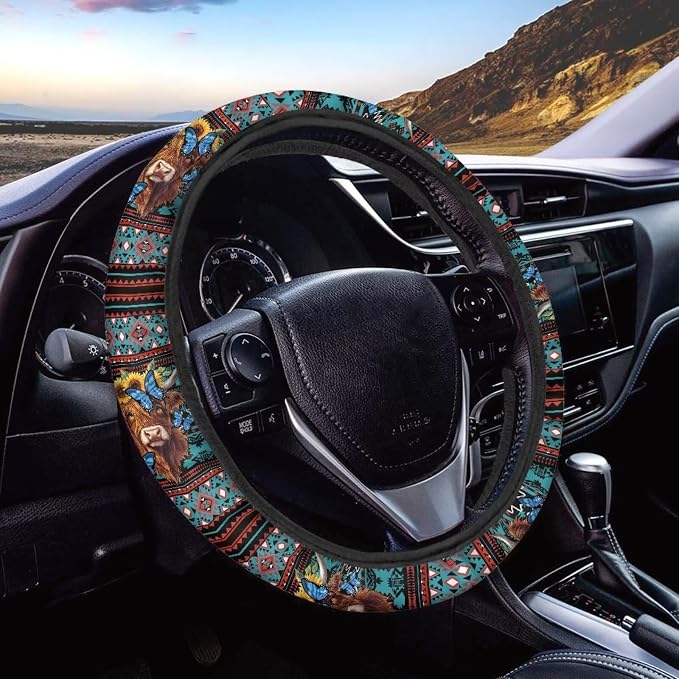 Aztec Highland Cow Sunflower Butterfly Car Steering Wheel Cover Soft Stretch Anti-Slip Washable Car Interior Accessory Universal Fit for Car SUV Trucks