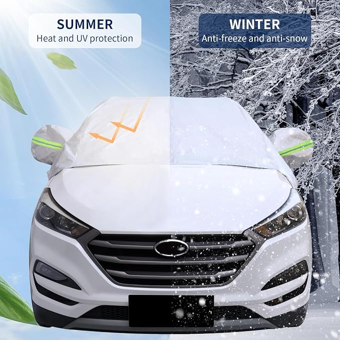Hrozny Half Car Cover, Car Windshield Cover for Ice and Snow with Reflective Straps, Car Snow Cover Universal Fit for Most Cars (SUV)
