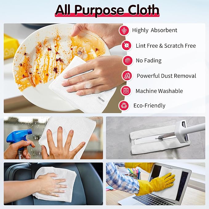 White Microfiber Cleaning Cloth -Pack of 8, Highly Absorbent Cleaning Rags, 16"X12" All Purpose Cleaning Towels for Housekeeping, Kitchen, Car, Lint Free and Reusable Microfiber Towels
