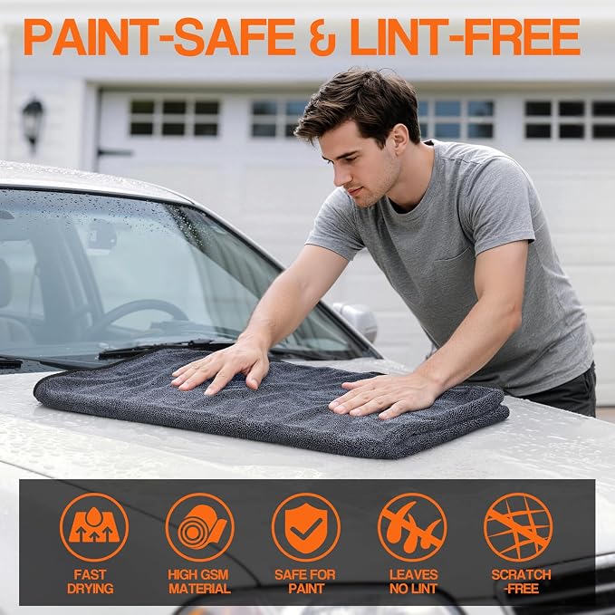 4 Pack Twisted Loop Car Drying Towel, Microfiber Towels for Cars 24"x36", Reusable Shammy Quick Dry Cloth for Carwash, for Auto, Boat, RV, Garage & Home