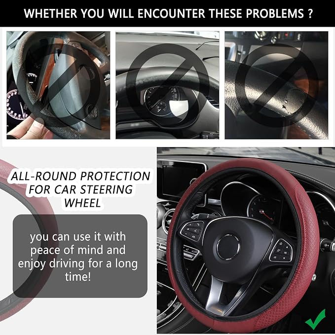 Leather Steering Wheel Cover,Anti Slip Car Steering Wheel Cover for Car Decorations & Steering Wheel Protections,Universal 15Inch Wheel Cover Car Interior Accessories for Men & Women (Burgundy)