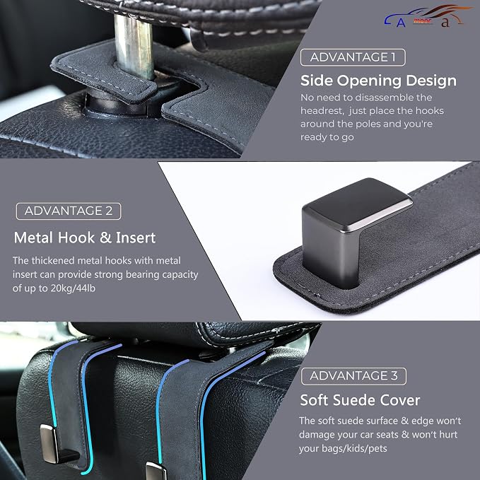 Car Seat Back Hook Universal Auto Storage Hanger Suede with Metal Car Seat Organizer for Handbag Purse Coat Umbrellas Grocery Bags 2 Pack Gray