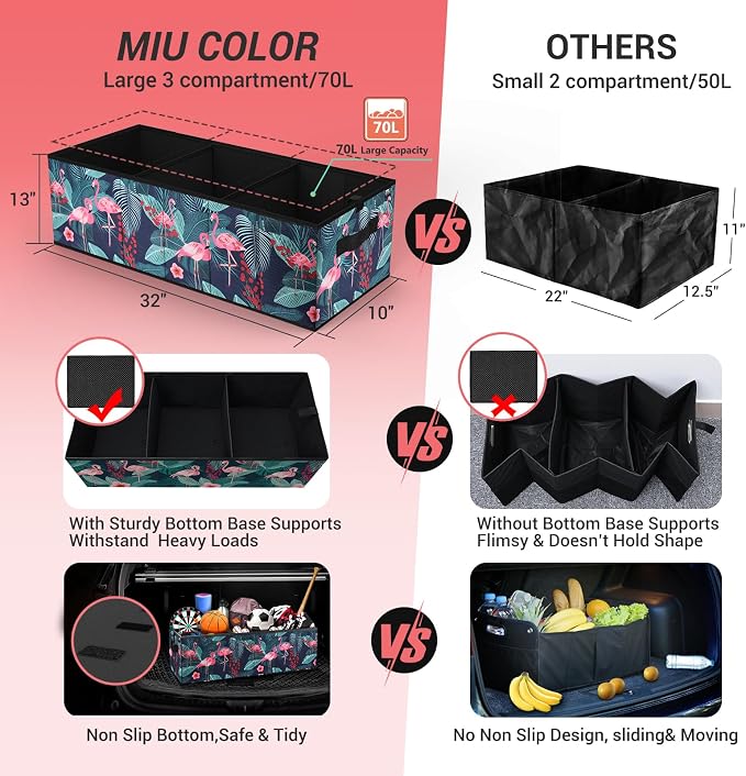 Trunk Organizer, Car Trunk Organizer, Non-Slip Bottom, Sturdy Storage Organizer for SUV, Sedans, Van, Jeep, Grocery, Large 3 Compartments Car Organizer for Women, Flamingo 31.9"×12.6"×10.6"
