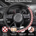Checkered Steering Wheel Cover,Red White Checkered Universal 15" Elastic Car Steering Wheel Cover with 2 PCS Car Coasters,Anti-Slip Breathable Accessories for Auto,SUVs,Truck