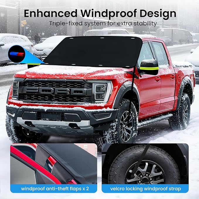 Upgraded Car Windshield Cover for Ice & Snow [All-Weather Protection] Magnetic Fit Weatherproof Frost Cover, Winter Accessories, Fit for MPV, Van, Full-Size Trucks