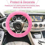 3 PCS Fluffy Steering Wheel Cover Set, 15'' Furry Car Wheel Cover, 2 Seat Belt Shoulder Pads, Anti-Slip Fur Steering Wheel Cover, Winter Warm Fluffy Car Accessories for Women, Pink