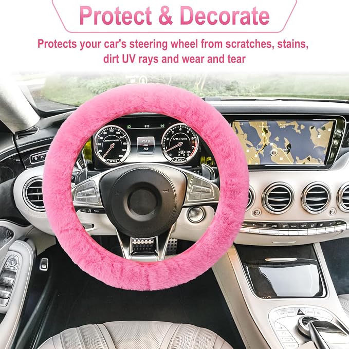 3 PCS Fluffy Steering Wheel Cover Set, 15'' Furry Car Wheel Cover, 2 Seat Belt Shoulder Pads, Anti-Slip Fur Steering Wheel Cover, Winter Warm Fluffy Car Accessories for Women, Pink