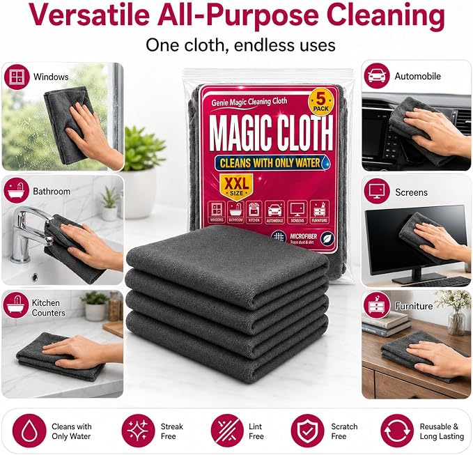 Genie Magic Cleaning Cloth 5 Pack, XXL Microfiber Magic Cloth for Stainless Steel, Glass, Mirrors, Windows, Kitchen, Bathroom, Car & Screens, Reusable Lint Free Streak Free Cleaning Towels (15 PCS)