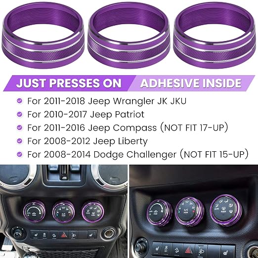 Audio Air Conditioning Button Cover Decoration Twist Switch Ring Trim for Jeep Wrangler JK JKU Patriot 2011-2018, Compass 11-16, Liberty 08-12, Dodge Challenger 08-14 Interior Accessories (Purple)