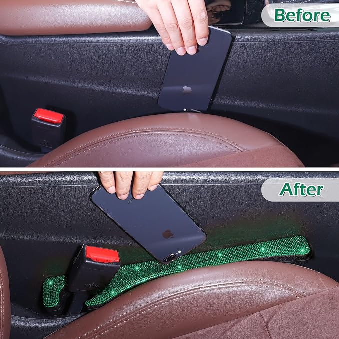 Green Car Seat Gap Filler, Set of 2 Handmade Crystal Rhinestone Diamond Car Gap Filler Green Bling Car Accessories for Women(Dark Green)