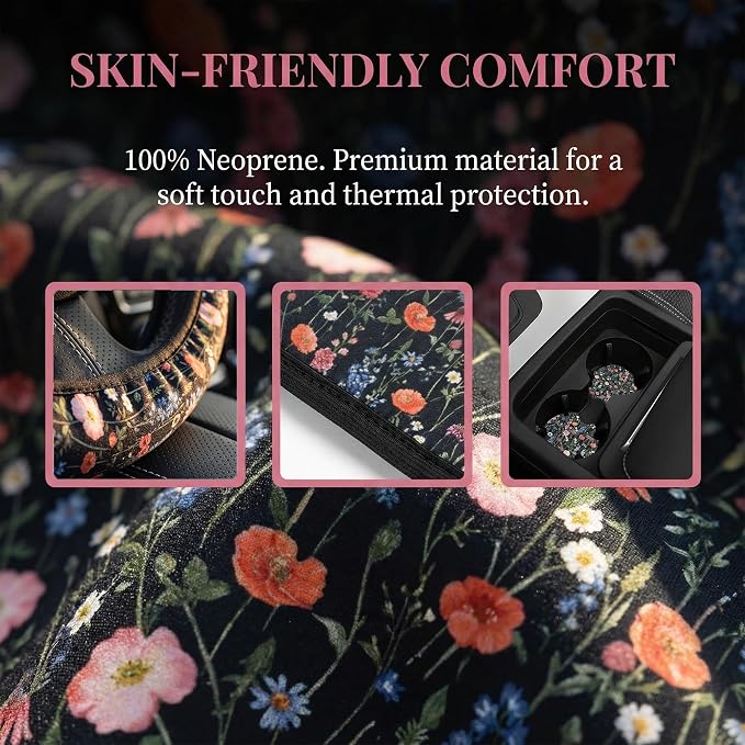 Wildflower Car Steering Wheel Cover + 2 Cute Floral Car Coasters 15 Inch | Multicolor Wildflower Steering Wheel Cover Anti-Slip Breathable Universal for Suitable for Men Women