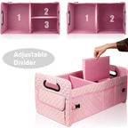 Car Trunk Organizer for SUV, Car Storage Organizer Collapsible Multi Compartment Container Box, Adjustable Car Accessories for Women/Men, Pink