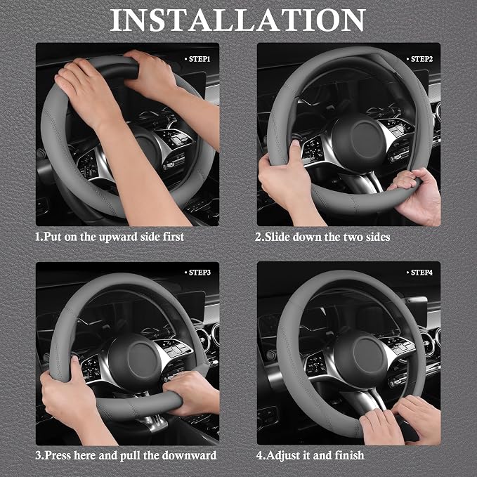 Microfiber Leather Steering Wheel Cover and Waterproof Car Floor Mats,Universal Car Combo Fit for 95% Sedan,SUV,Cars,14.5-15inch Anti-Slip Safety Comfortable Faux Leather Design(Solid Gray)