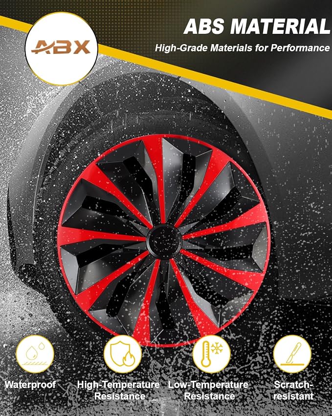 Hubcaps,16 inch hubcaps Set of 4, Wheel Rim Cover ABS Material, Snap On Car Truck SUV Replacement, for Toyota Camry Nissan Mazda etc, Black & Red