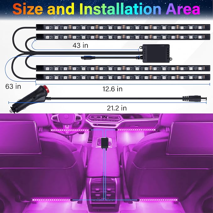 72 LED Lights for Car, 12V LED Strip Lights with Cigarette Lighter Adapter, App & Remote Control Music Sync Color Change, Interior Car Lights for Car Decor, Car Accessories for Women Men