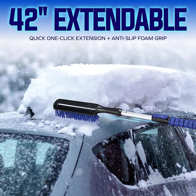 2 Pack 42" Multi-Purpose Ice Scraper and Extendable Snow Brush for Cars with Foam Grip and 360-Degree Pivoting Brush Head, SJEG-SB42SHX2