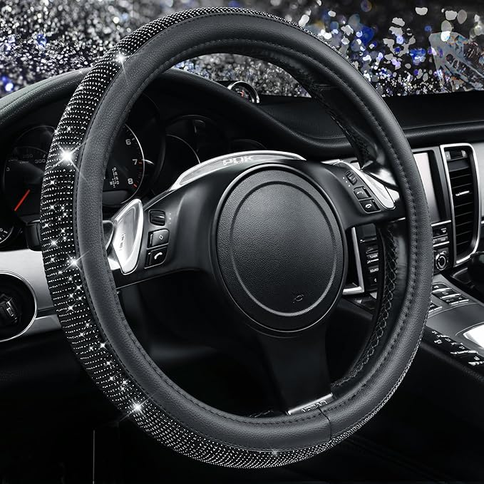 Bling Diamond Leather Steering Wheel Cover, With Sparkly Crystal Glitter Rhinestones Universal Fit 14"1/2-15" Car Wheel Protector for Women Girl Fit Suvs,Vans,Sedans,Car,Trucks, Black Diamond
