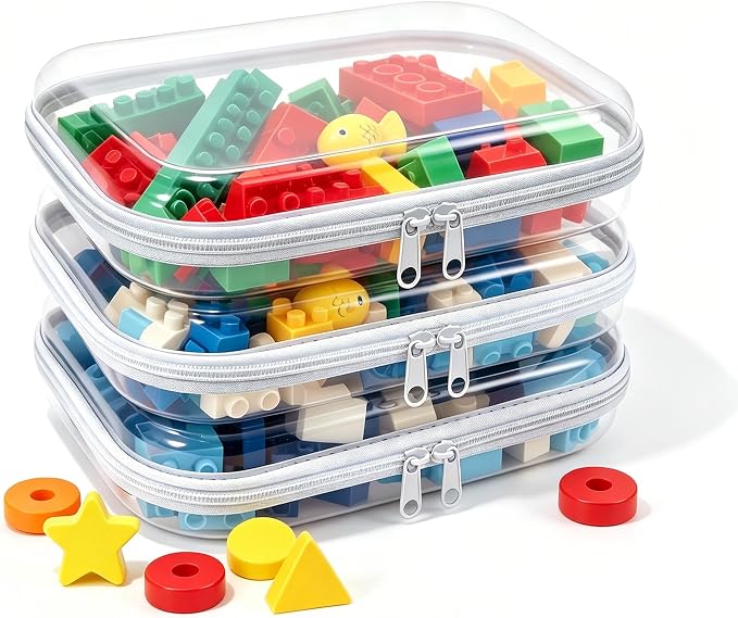 Clear Hard Plastic Zipper Case,Transparent Double Zippers Hard Pouch with 3pcs,Portable Travel Organizer Bin for Toy Storage