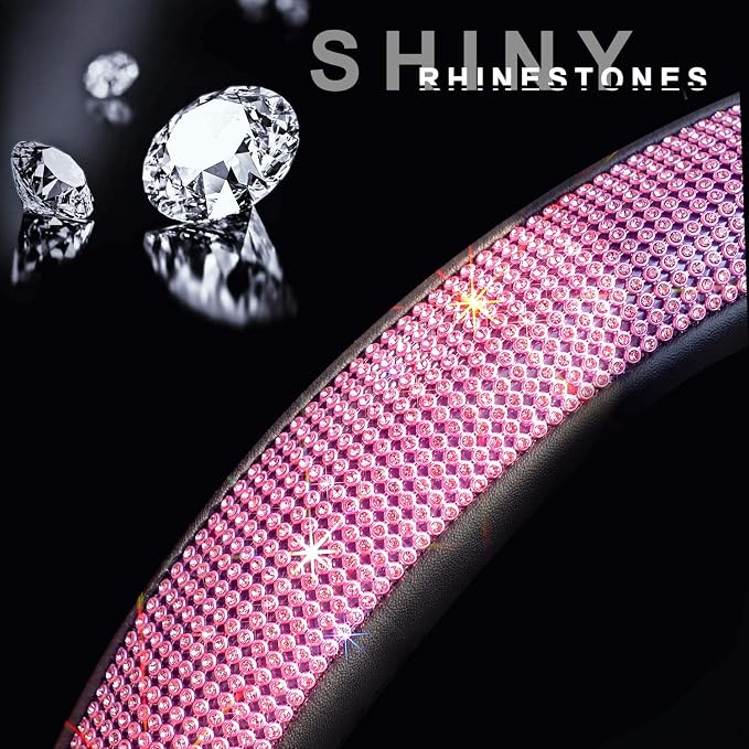 New Diamond Leather Steering Wheel Cover with Bling Bling Crystal Rhinestones, Universal Fit 15 Inch Car Wheel Protector for Women Girls Pink Diamond